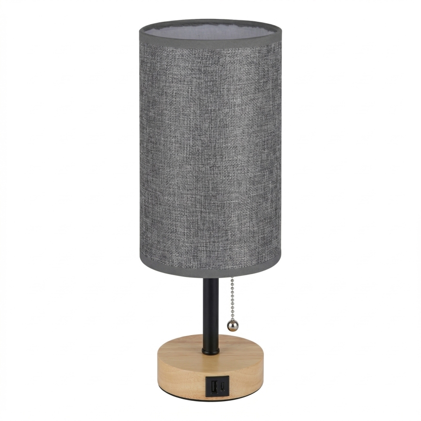 BRILAGI - Lámpara de mesa con puerto USB TABLON 1xE27/25W/230V roble/negro/gris