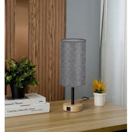 BRILAGI - Lámpara de mesa con puerto USB TABLON 1xE27/25W/230V roble/negro/gris