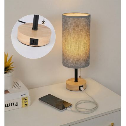 BRILAGI - Lámpara de mesa con puerto USB TABLON 1xE27/25W/230V roble/negro/gris