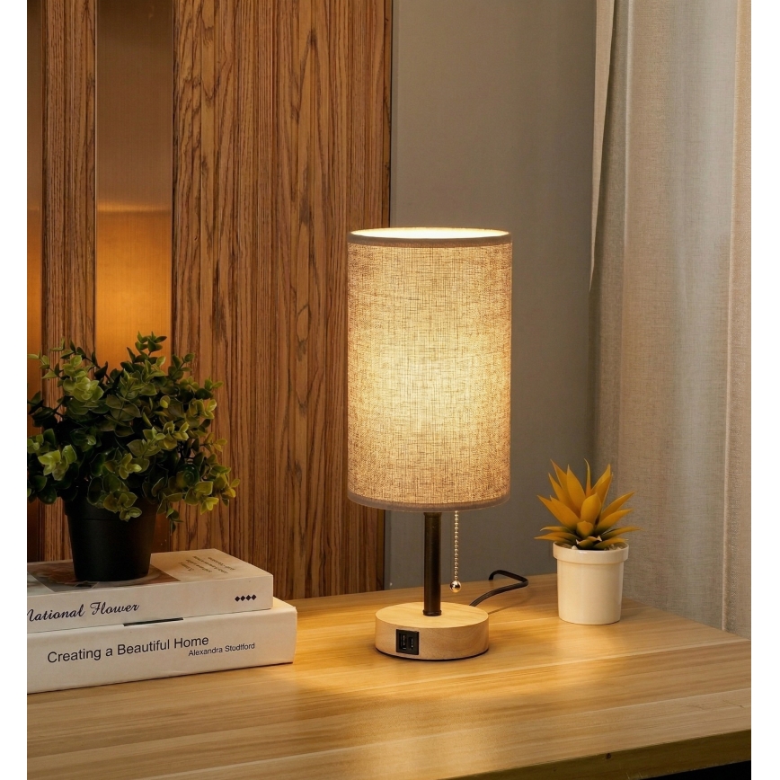 BRILAGI - Lámpara de mesa con puerto USB TABLON 1xE27/25W/230V roble/negro/gris