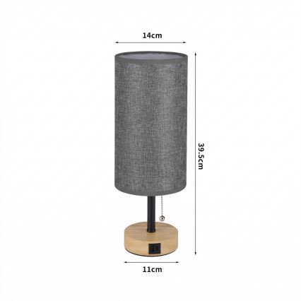 BRILAGI - Lámpara de mesa con puerto USB TABLON 1xE27/25W/230V roble/negro/gris