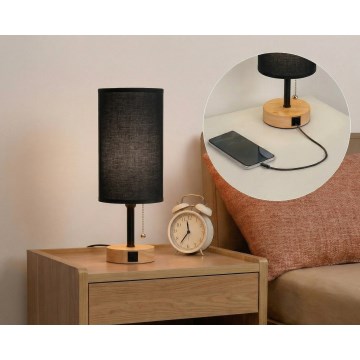 Brilagi - Lámpara de mesa con puerto USB TABLON 1xE27/25W/230V roble/negro