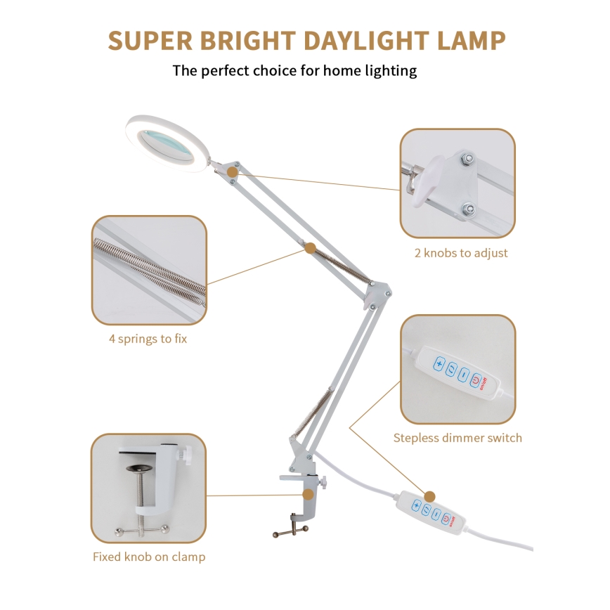 BRILAGI - Lámpara de mesa LED regulable con una lupa LENS LED/12W/5V 3000/4200/6000K blanco