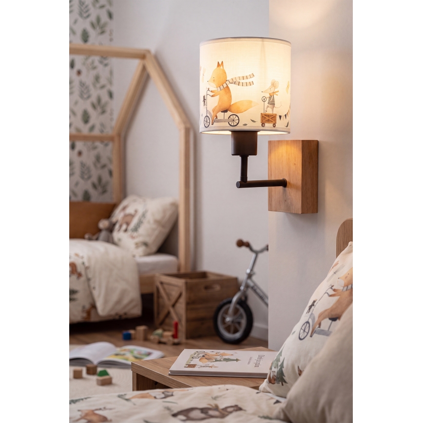 BRILAGI - Lámpara infantil de pared BOBO WOOD 1xE27/25W/230V roble/negro/blanco/con motivos de animales