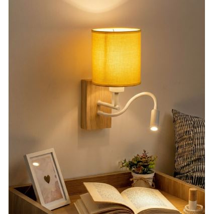 Brilagi - Lámpara de pared LED flexible NUBILA WOOD 1xE27/25W/230V + LED/3W roble/blanco/amarillo