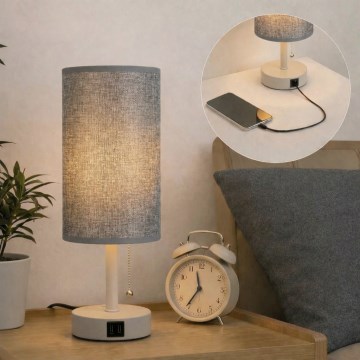 Brilagi - Lámpara de sobremesa con puerto USB TABLON 1xE27/25W/230V beige/gris