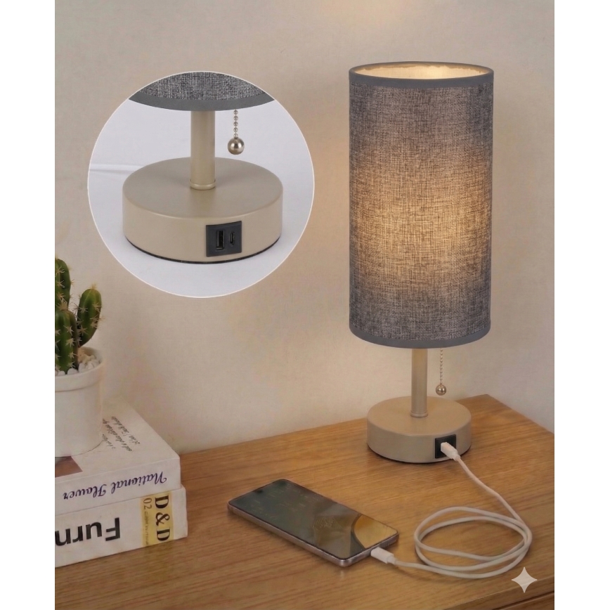 Brilagi - Lámpara de sobremesa con puerto USB TABLON 1xE27/25W/230V beige/gris