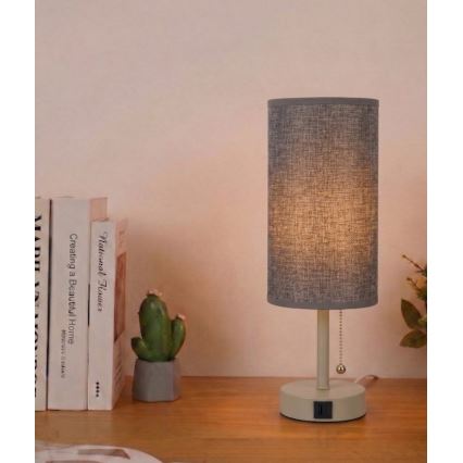 Brilagi - Lámpara de sobremesa con puerto USB TABLON 1xE27/25W/230V beige/gris