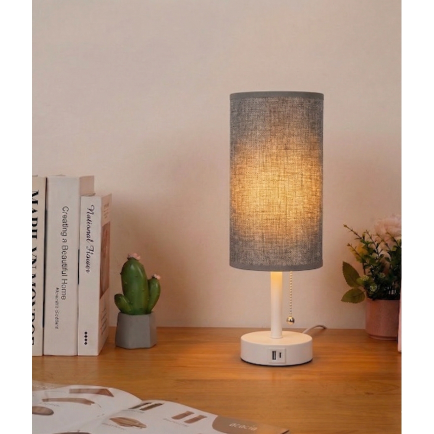 Brilagi - Lámpara de sobremesa con puerto USB TABLON 1xE27/25W/230V blanco/gris
