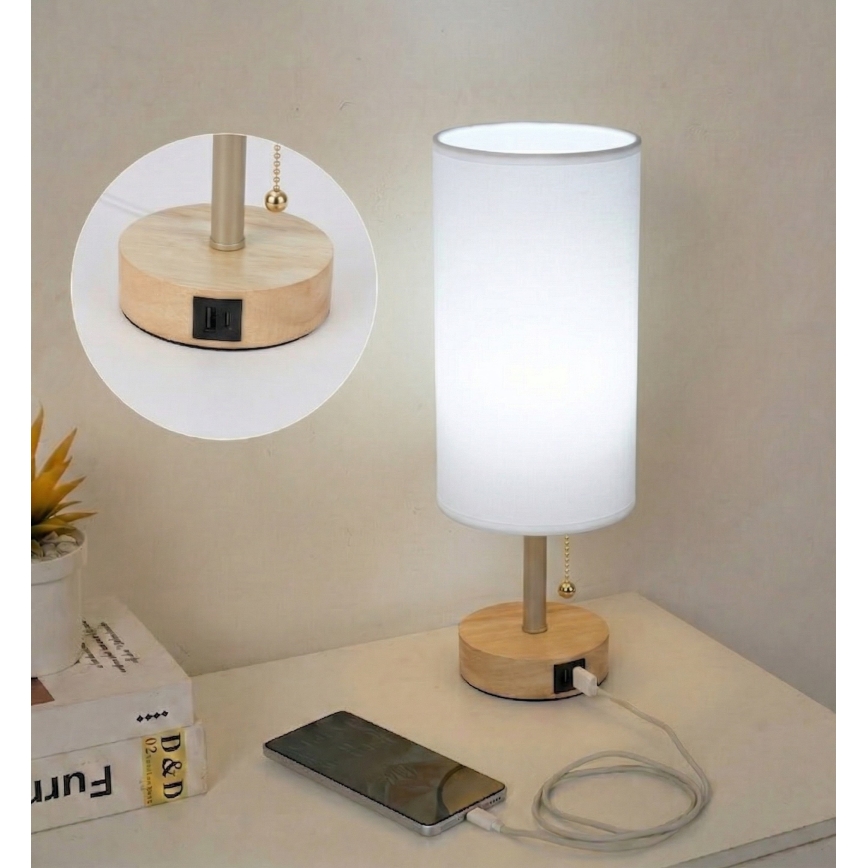 Brilagi - Lámpara de sobremesa con puerto USB TABLON 1xE27/25W/230V roble/beige/blanco