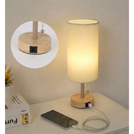 Brilagi - Lámpara de sobremesa con puerto USB TABLON 1xE27/25W/230V roble/beige/crema
