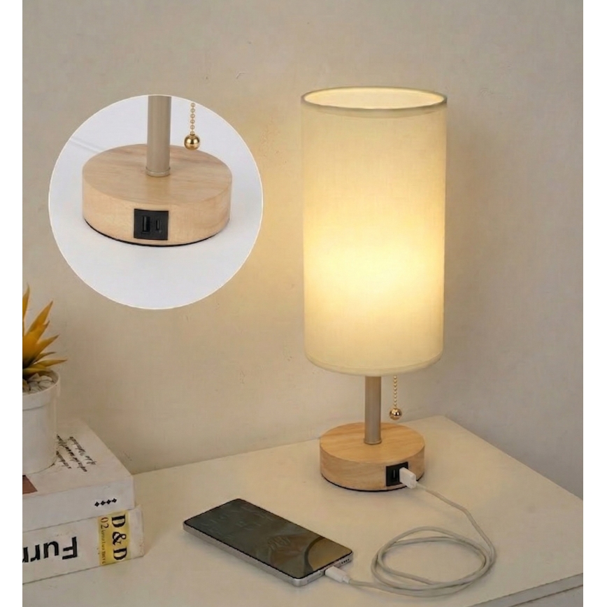 Brilagi - Lámpara de sobremesa con puerto USB TABLON 1xE27/25W/230V roble/beige/crema