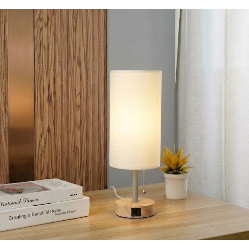 Brilagi - Lámpara de sobremesa con puerto USB TABLON 1xE27/25W/230V roble/beige/crema