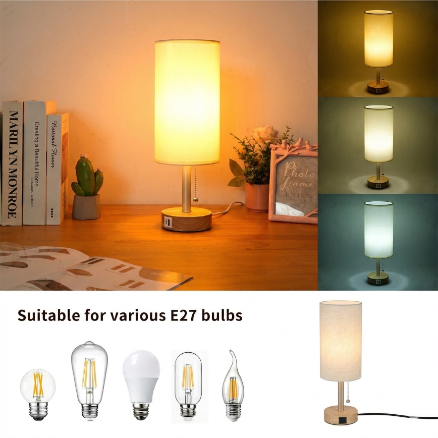 Brilagi - Lámpara de sobremesa con puerto USB TABLON 1xE27/25W/230V roble/beige/crema