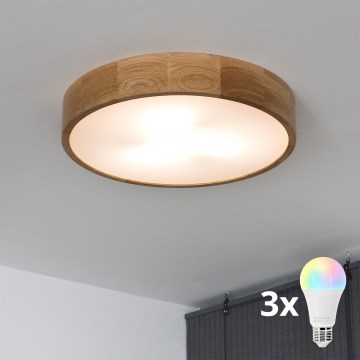 Brilagi - Lámpara de techo LED RGBW regulable CARVALHO 3xE27/9W/230V 2700-6500K Wi-Fi roble Ø 47,5 cm