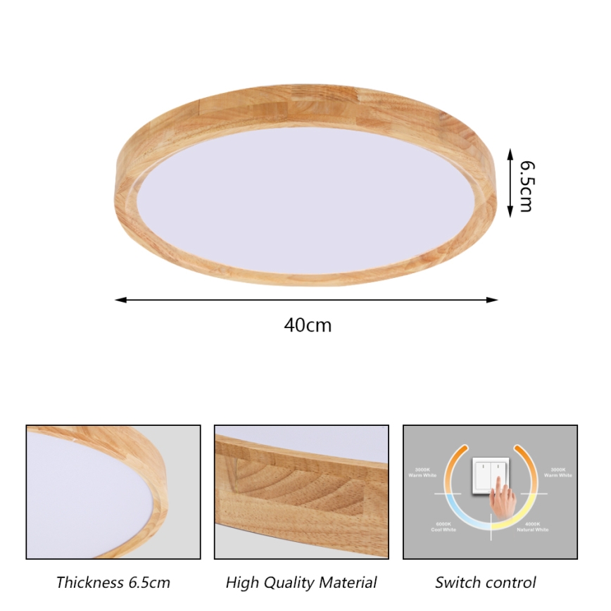 Brilagi - Luminaria de techo LED WOODROUND LED/30W/230V 3000/4000/6000K, Ø 40 cm, madera, IRC 90