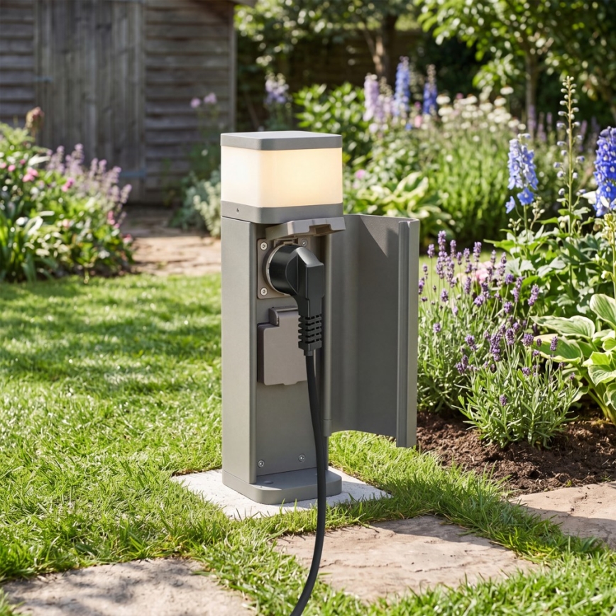 BRILAGI - Lámpara exterior con 2 enchufes SCHUKO PILLAR 1xG9/11W/230V IP44 gris