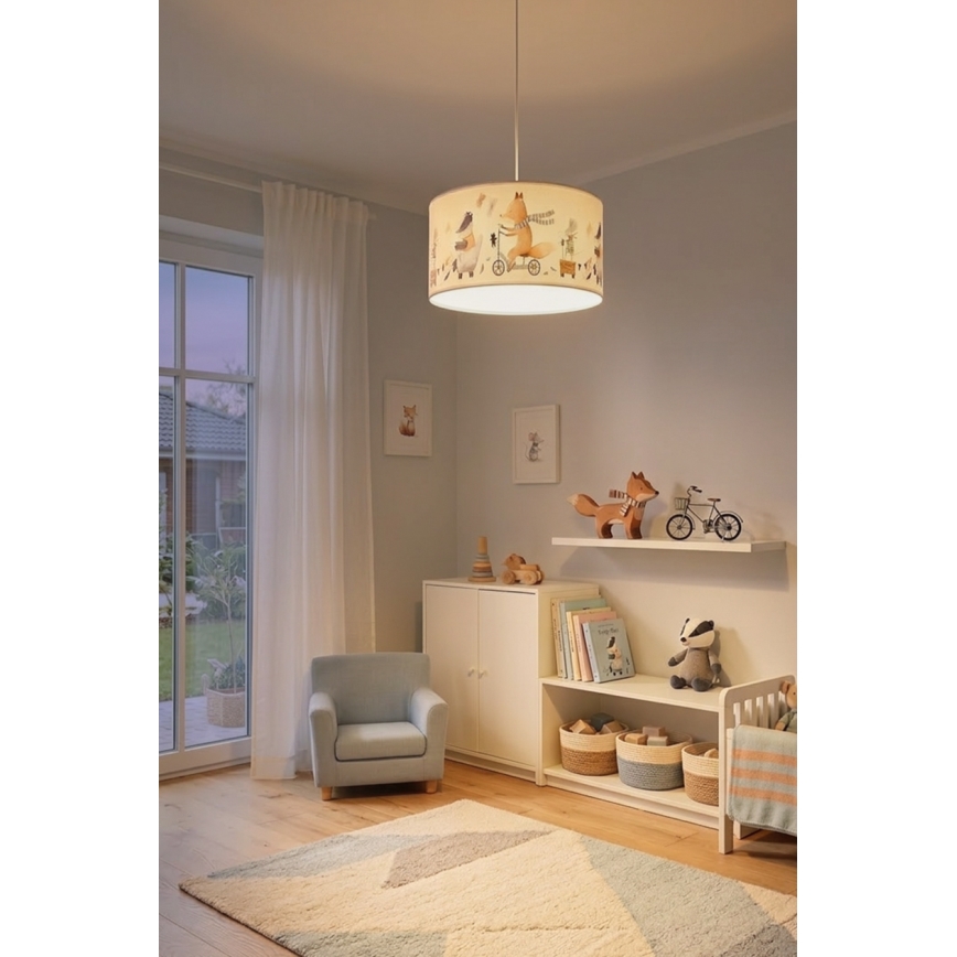 Brilagi - Lámpara infantil LED colgante con cable BOBO 1xE27/60W/230V Ø 35 cm blanco/animalitos