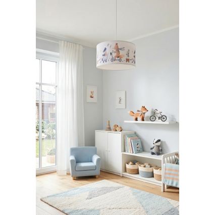Brilagi - Lámpara infantil LED colgante con cable BOBO 1xE27/60W/230V Ø 35 cm blanco/animalitos
