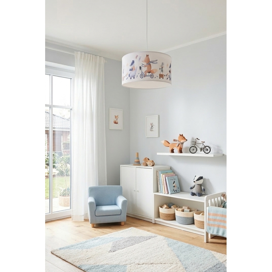 Brilagi - Lámpara infantil LED colgante con cable BOBO 1xE27/60W/230V Ø 35 cm blanco/animalitos