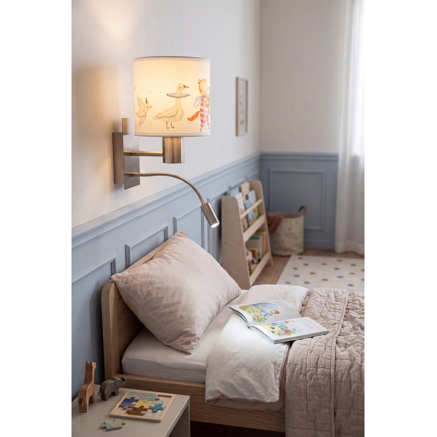 BRILAGI - Lámpara de pared infantil LED flexible BOBO 1xE27/25W/230V + LED/3W cromo mate/blanco/con motivos de animales
