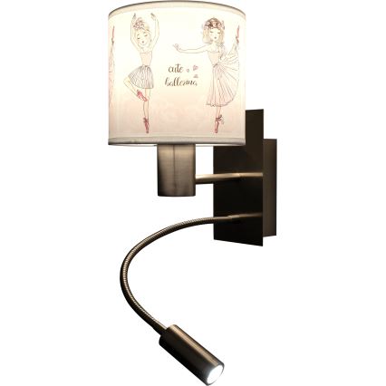 BRILAGI - Lámpara de pared infantil LED flexible BOBO 1xE27/25W/230V + LED/3W cromo mate/blanco/rosa/estampado de zapatillas de ballet