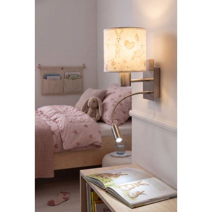 BRILAGI - Lámpara de pared flexible infantil LED BOBO 1xE27/25W/230V + LED/3W cromo mate/blanco/conejitos