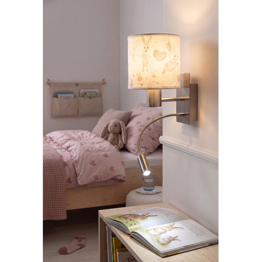 BRILAGI - Lámpara de pared flexible infantil LED BOBO 1xE27/25W/230V + LED/3W cromo mate/blanco/conejitos