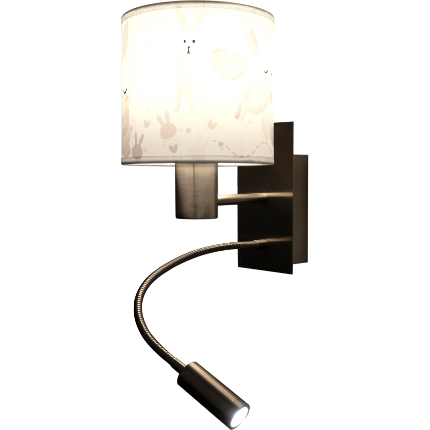 BRILAGI - Lámpara de pared flexible infantil LED BOBO 1xE27/25W/230V + LED/3W cromo mate/blanco/conejitos
