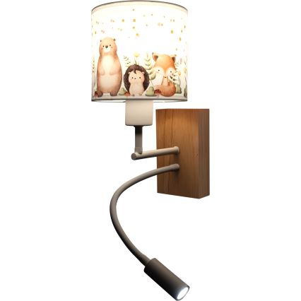 BRILAGI - Lámpara de pared flexible LED infantil BOBO WOOD 1xE27/25W/230V + LED/3W roble/blanco/motivos de animales