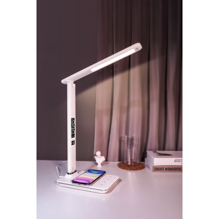 Brilagi - Lámpara de mesa LED regulable con carga inalámbrica Qi y USB REGINA LED/8,5W/230V blanco