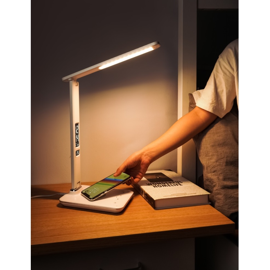 Brilagi - Lámpara de mesa LED regulable con carga inalámbrica Qi y USB REGINA LED/8,5W/230V blanco