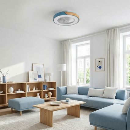 Brilagi - Lámpara de techo LED regulable con ventilador LED/38W/230V 3000-6500K Ø 50 cm azul/roble + mando a distancia