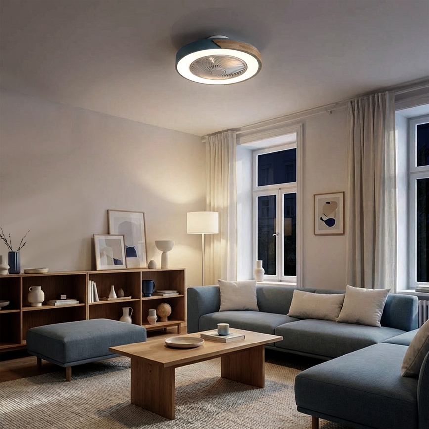 Brilagi - Lámpara de techo LED regulable con ventilador LED/38W/230V 3000-6500K Ø 50 cm azul/roble + mando a distancia