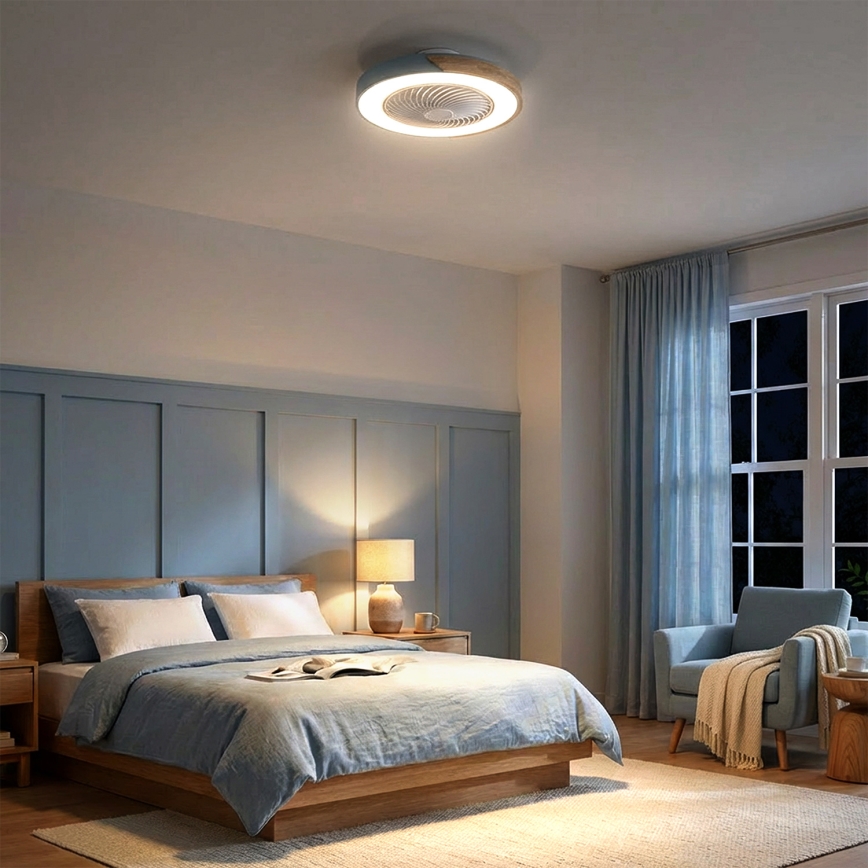 Brilagi - Lámpara de techo LED regulable con ventilador LED/38W/230V 3000-6500K Ø 50 cm azul/roble + mando a distancia