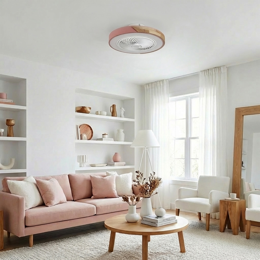 Brilagi - Lámpara de techo LED regulable con ventilador, 38 W, 230 V, 3000–6500 K, Ø 50 cm, rosa/roble + mando a distancia