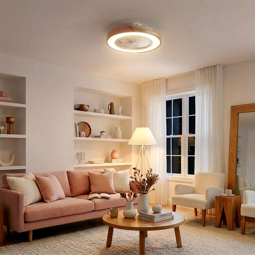 Brilagi - Lámpara de techo LED regulable con ventilador, 38 W, 230 V, 3000–6500 K, Ø 50 cm, rosa/roble + mando a distancia
