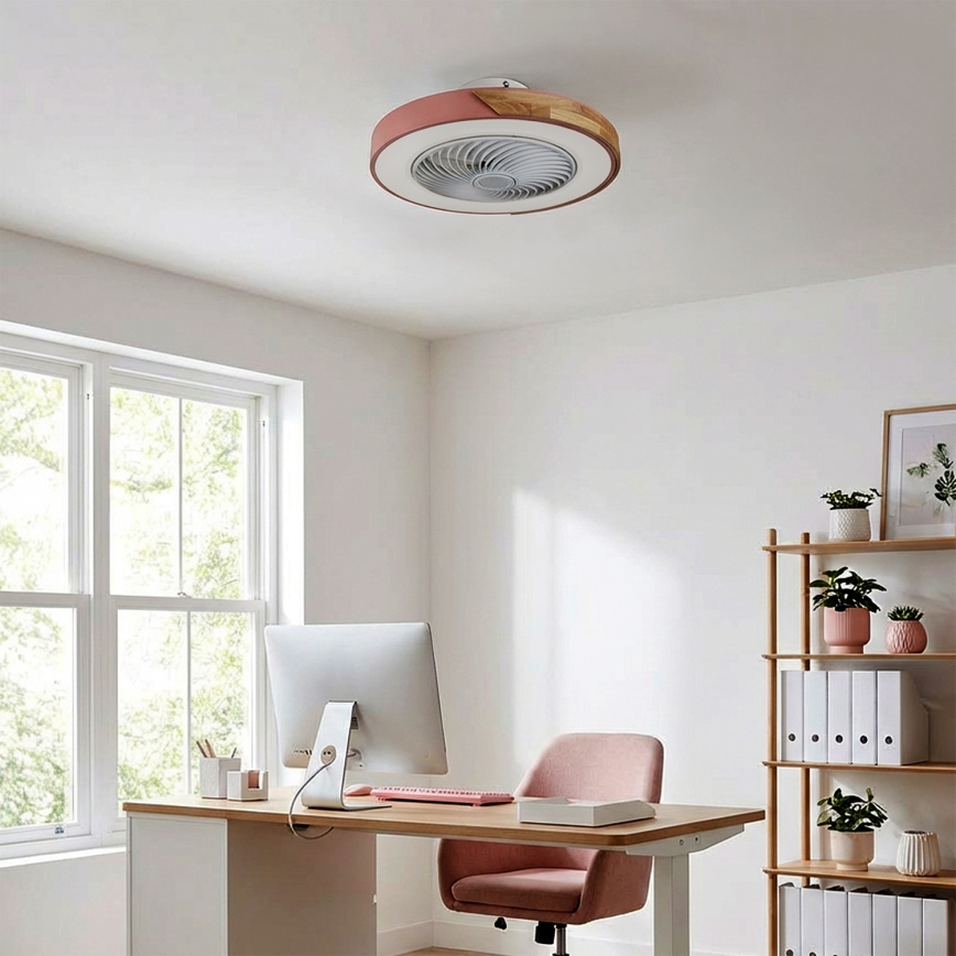 Brilagi - Lámpara de techo LED regulable con ventilador, 38 W, 230 V, 3000–6500 K, Ø 50 cm, rosa/roble + mando a distancia