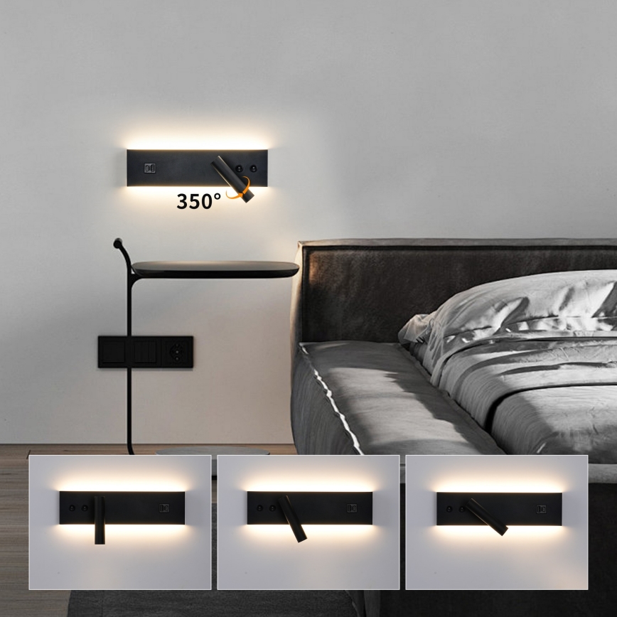Brilagi - Aplique LED de pared tipo spot con puerto USB NOCTIS LED/3W/230V + LED/9W negro