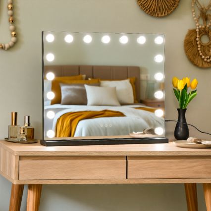BRILAGI - Espejo de maquillaje LED regulable HOLLYWOOD LED/15W/230V CCT + 2 puertos USB 60x50 cm negro