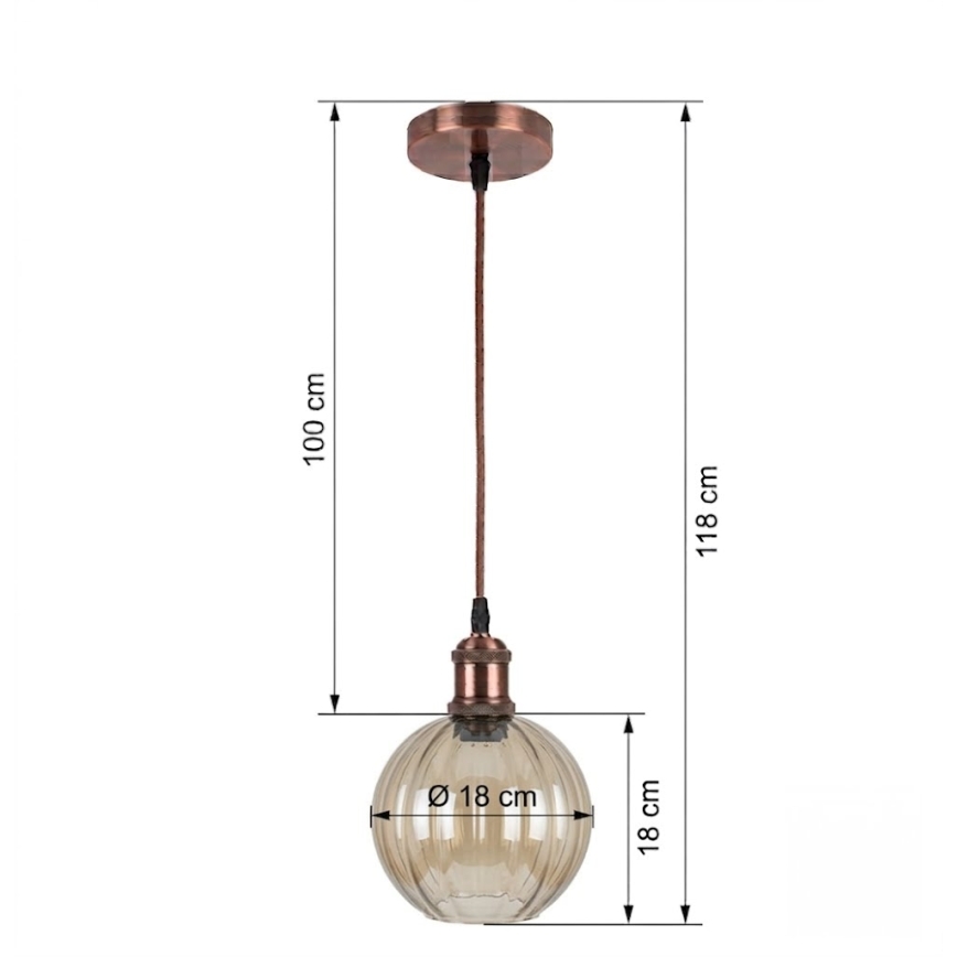 BRILAGI - Lámpara colgante LED RETRO GLASS con cable 1xE27/60W/230V Ø 18 cm cobre/marrón ahumado