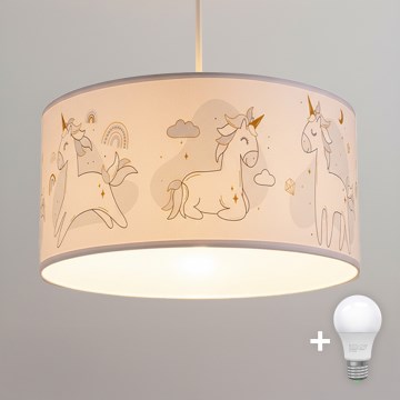Brilagi - LED Lámpara colgante infantil BOBO con cable 1xE27/60W/230V, diámetro 35 cm, blanco con diseño de unicornios