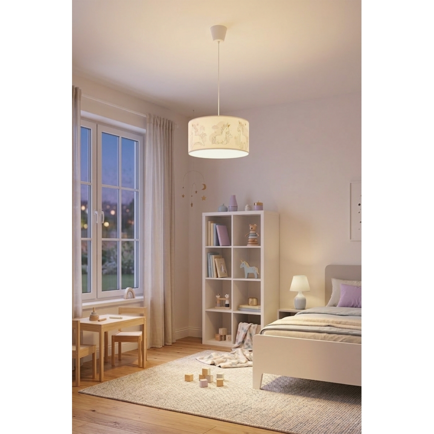 Brilagi - LED Lámpara colgante infantil BOBO con cable 1xE27/60W/230V, diámetro 35 cm, blanco con diseño de unicornios