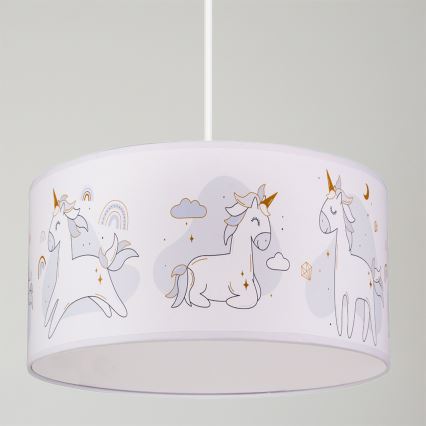 Brilagi - LED Lámpara colgante infantil BOBO con cable 1xE27/60W/230V, diámetro 35 cm, blanco con diseño de unicornios