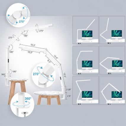 Brilagi - lámpara de sobremesa flexible VARIO LED regulable con control táctil, 12W/230V, 3000/4000/5000/6500K, CRI 92, blanca