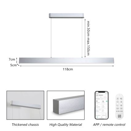 Brilagi - Lámpara suspendida por cable LED regulable SLEEKLINE SMART LED/40W/230V 3000-6000K Wi-Fi Tuya plateada + mando a distancia