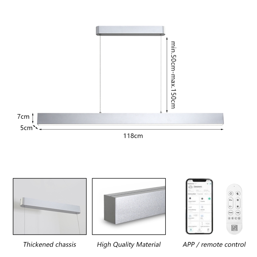 Brilagi - Lámpara suspendida por cable LED regulable SLEEKLINE SMART LED/40W/230V 3000-6000K Wi-Fi Tuya plateada + mando a distancia