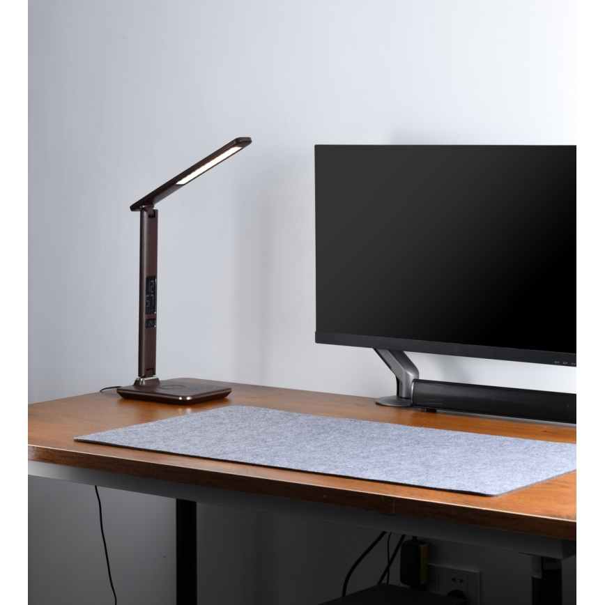 Brilagi - Lámpara de sobremesa LED regulable con carga inalámbrica QI y USB REGINA LED/8,5W/230V marrón