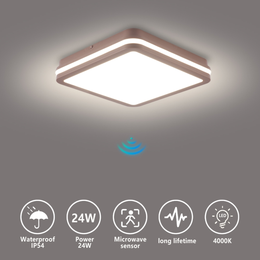 Brilagi - Plafón LED para exterior con sensor BENE LED/24W/230V 26x26 cm marrón IP54
