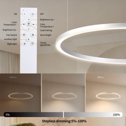 Brilagi - Lámpara colgante LED regulable con cable PORTOFINO LED/60W/230V 3000-6000K diámetro 80 cm plateada + mando a distancia